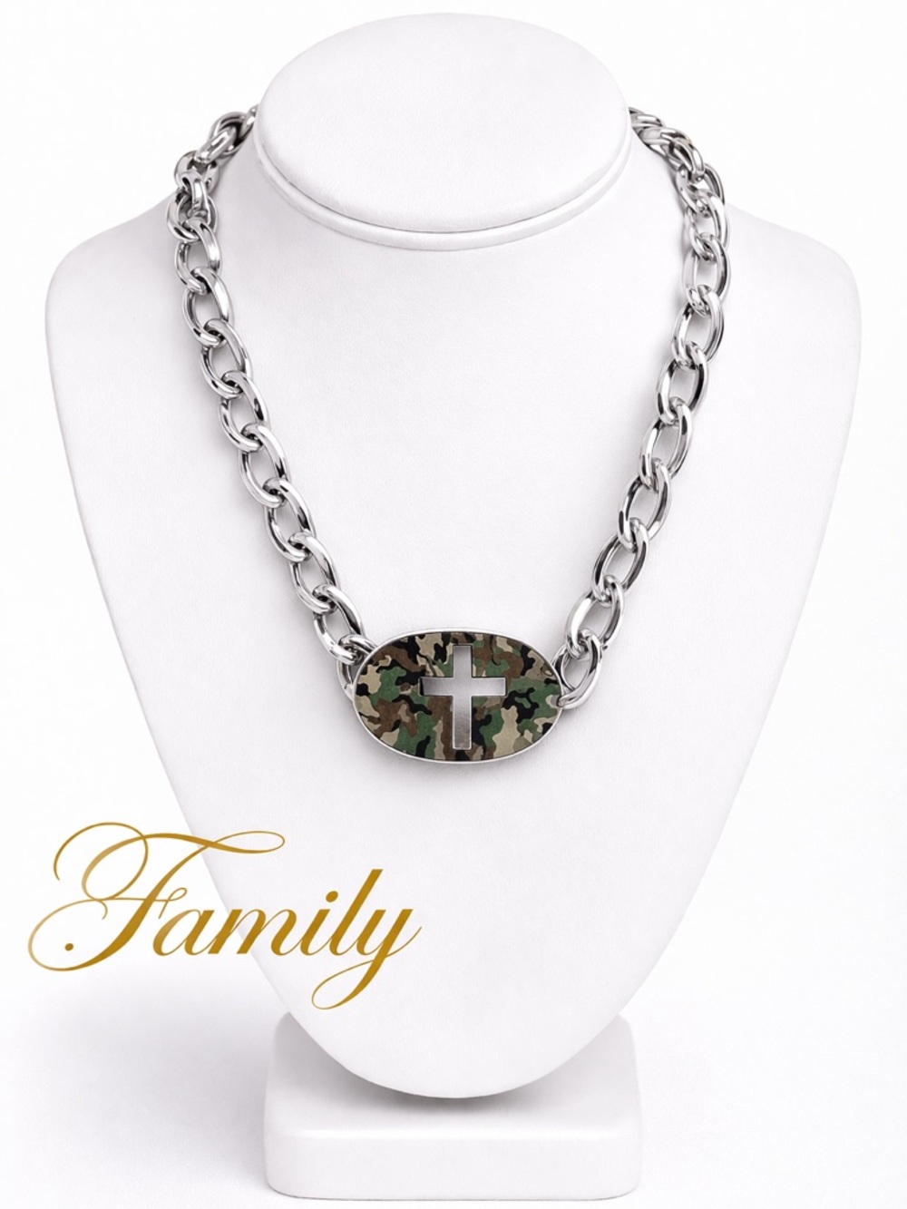 Stainless Steel Camo Cross Pendant Necklace - Silver and Green